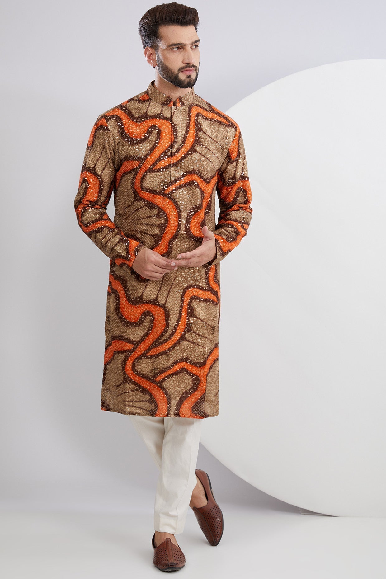 Orange and Green Abstract Embroidered Kurta - kasbahmen