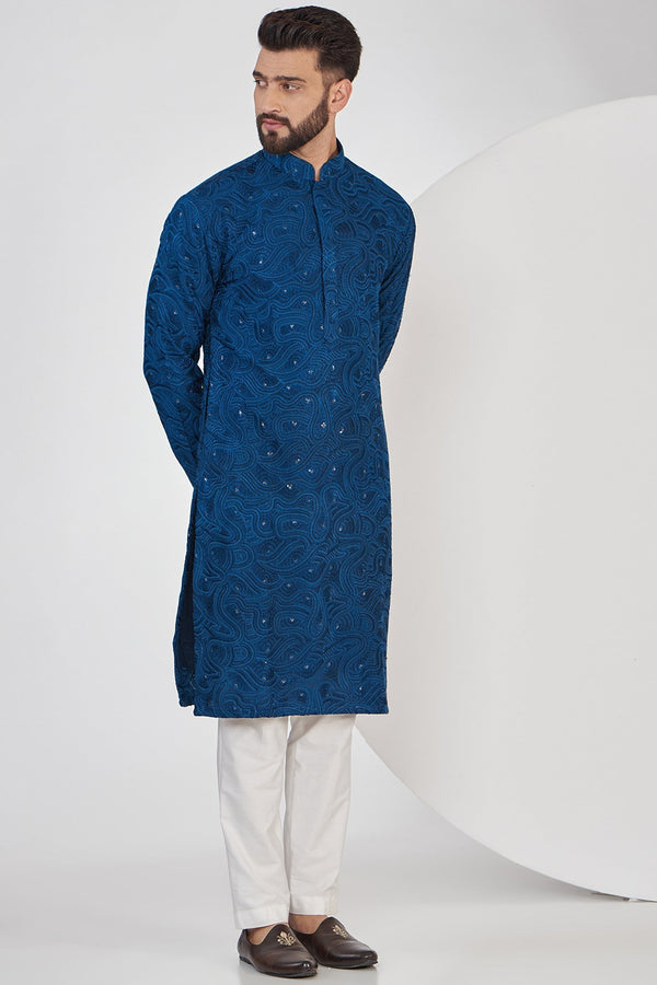 bright navy blue chikankari kurta