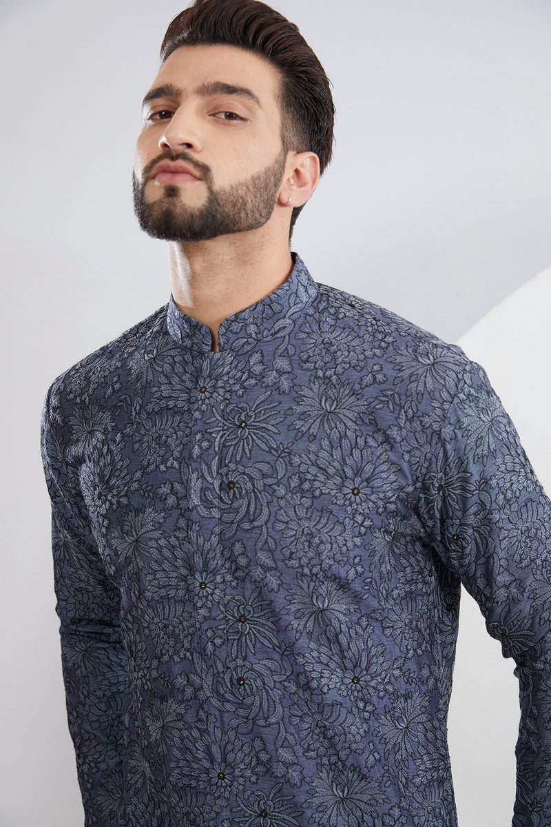 Denim Blue Floral Embroidered Kurta - kasbahmen