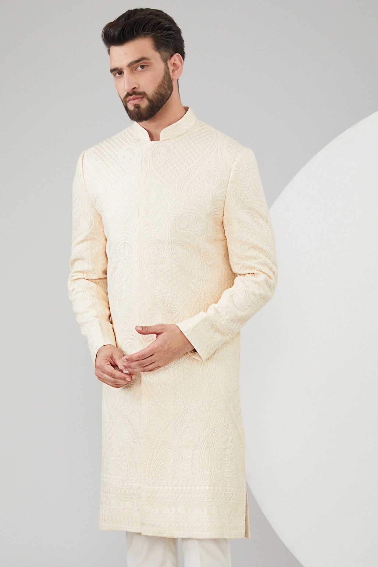 Beige Silk Kalamkari Embroidered Sherwani - kasbahmen