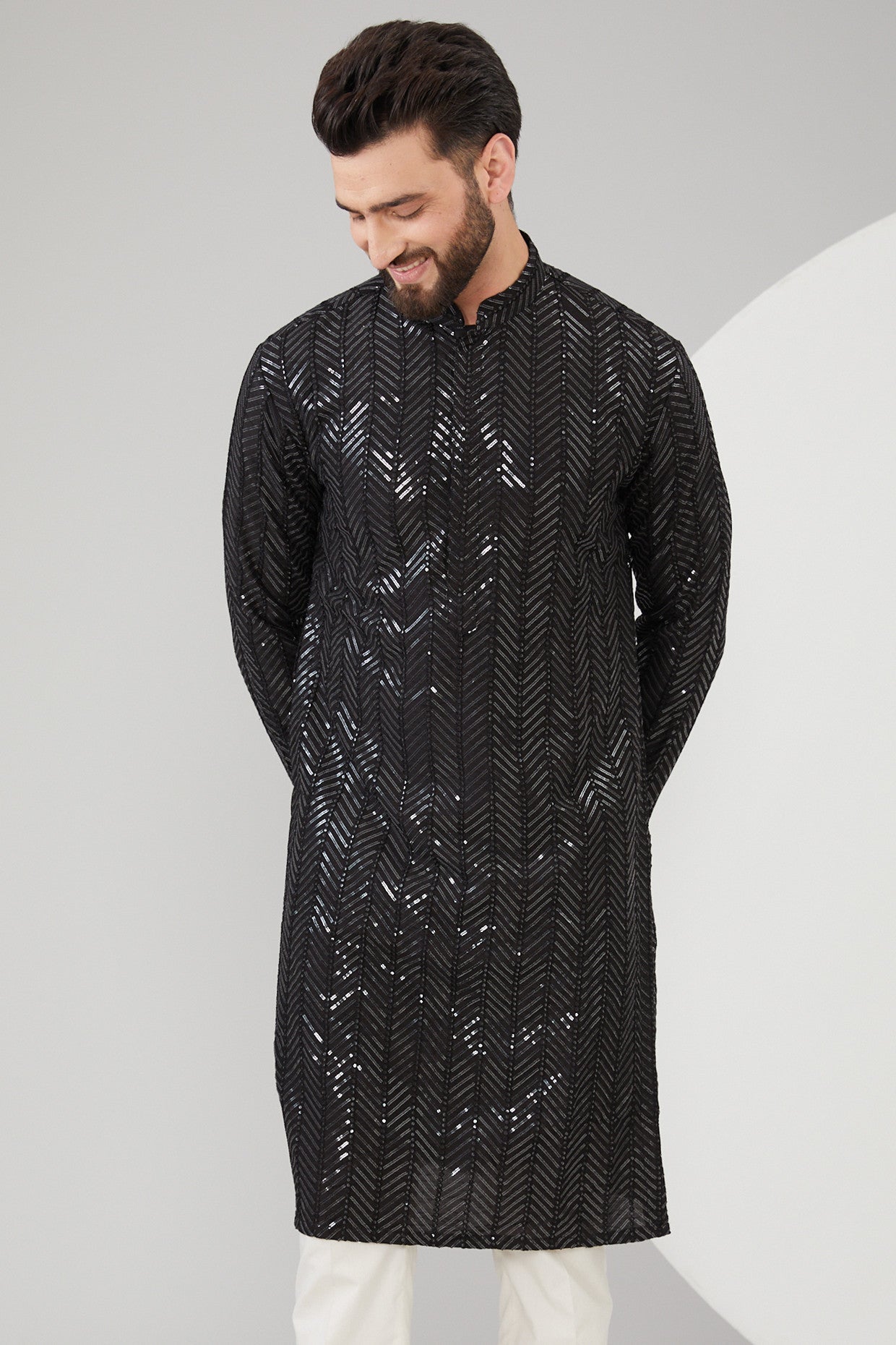 Black Slub Silk Sequins Embroidered Kurta - kasbahmen