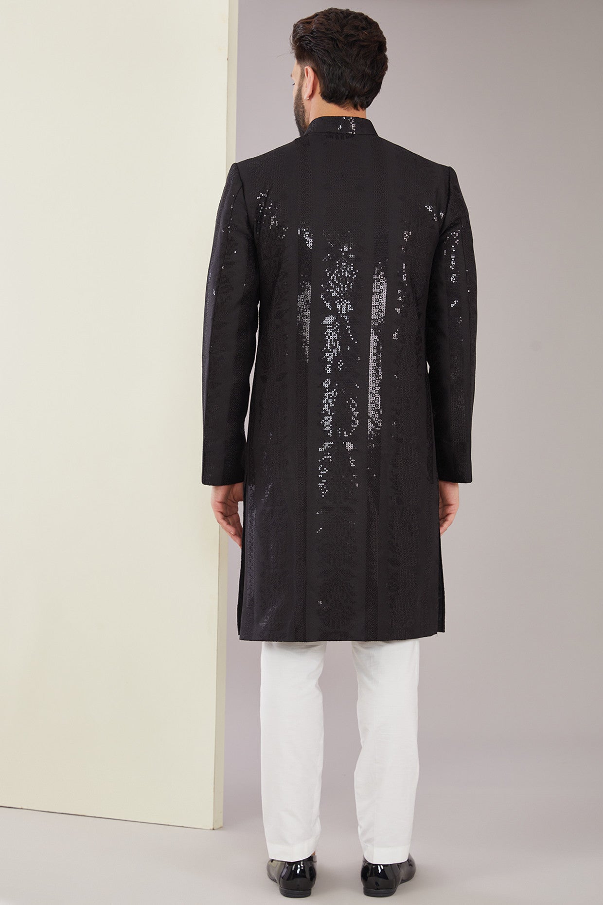 Formal Black Embroidered Long Sherwani - kasbahmen