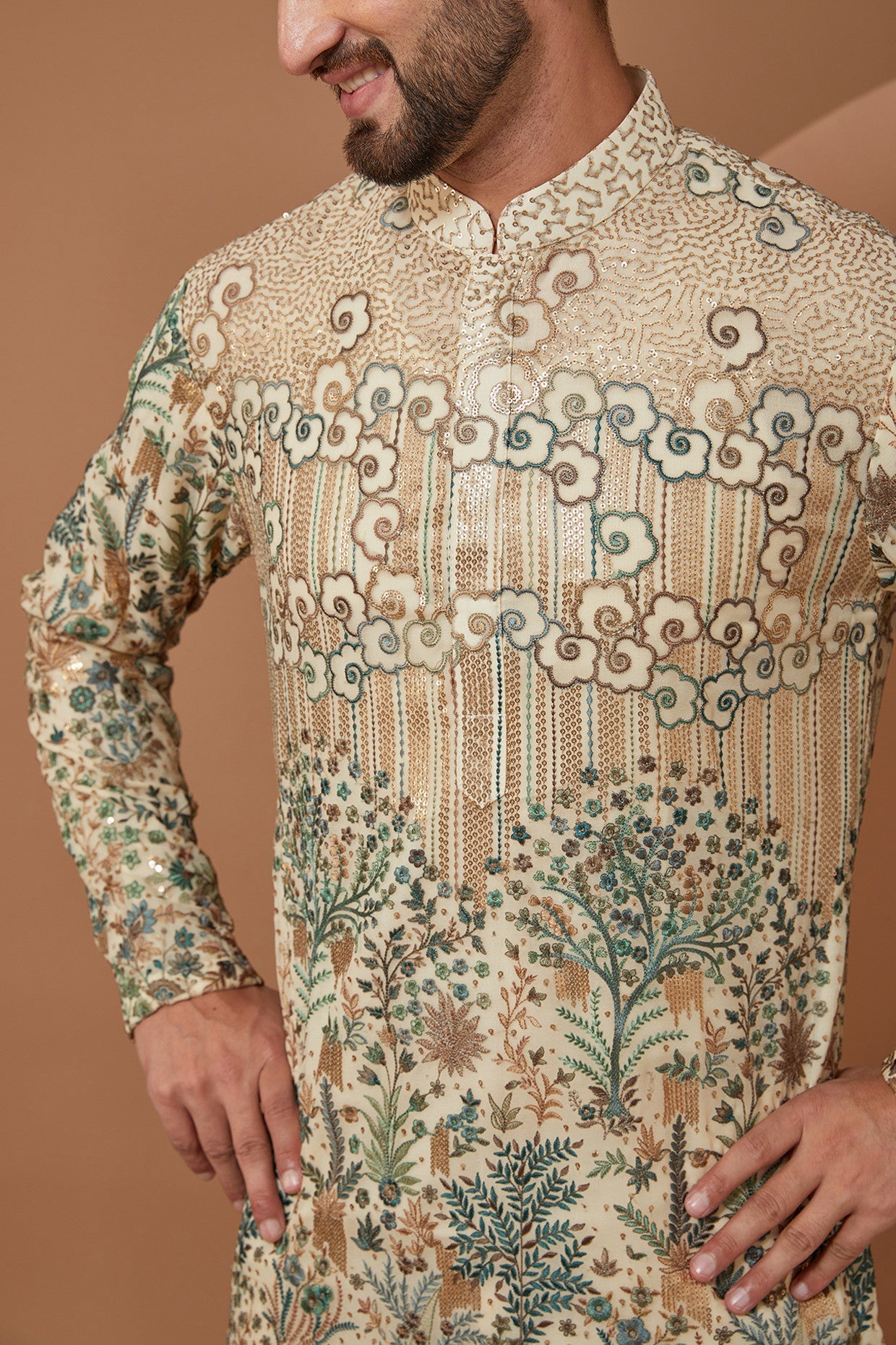 Intricately Crafted Ivory Floral Kurta with Green and Gold Threadwork - kasbahmen