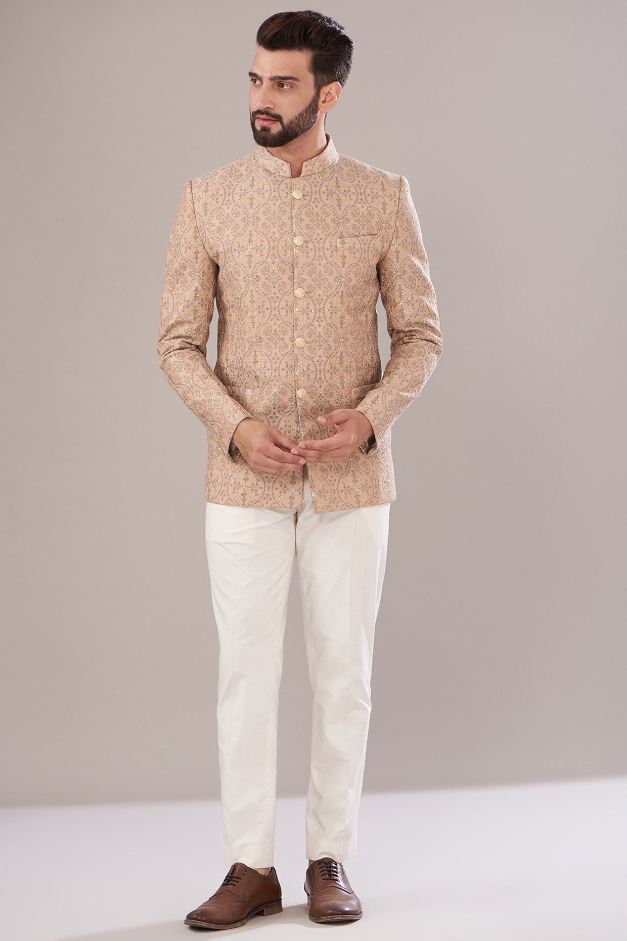 Mud Peach Chanderi Embroidered Bandhgala - kasbahmen