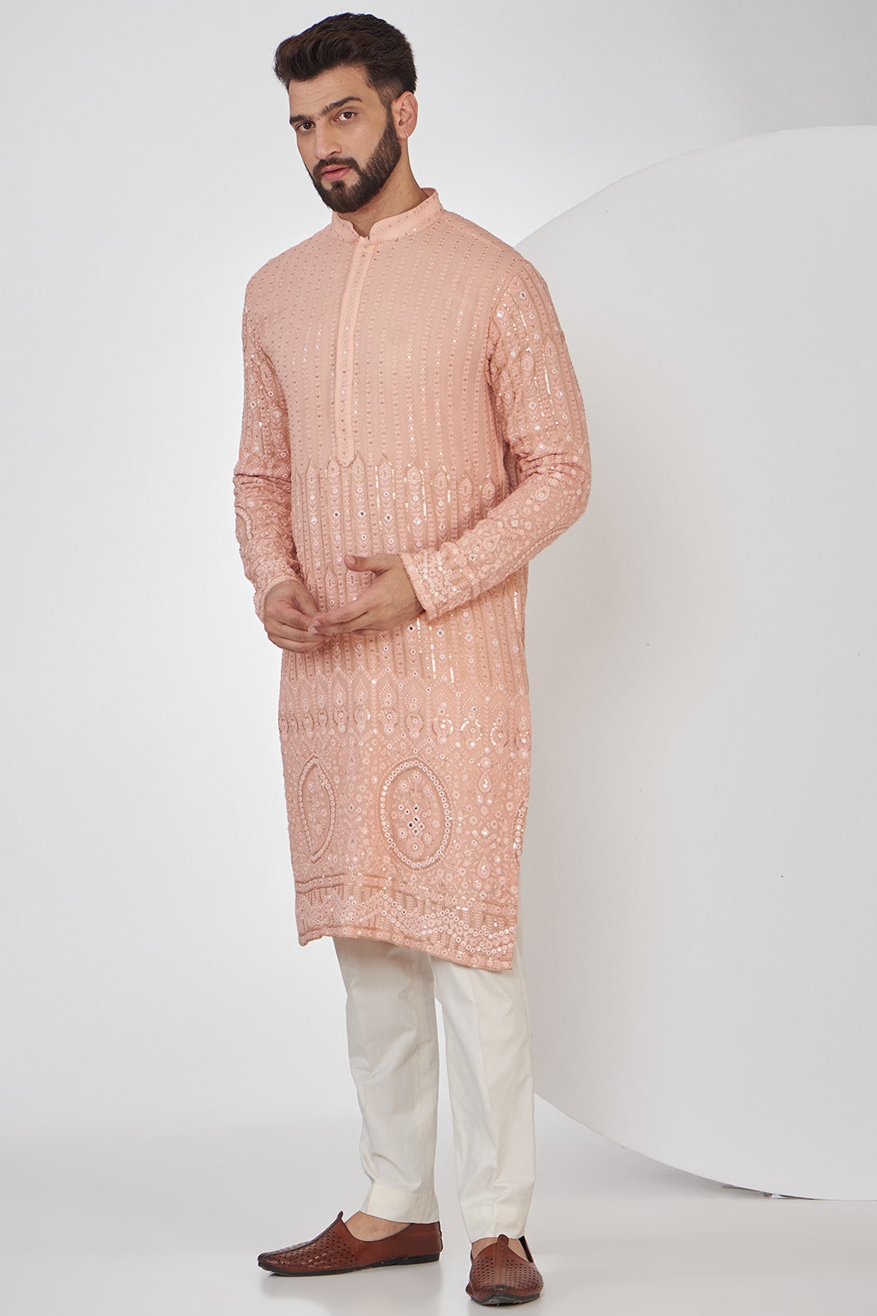 Peach Chikankari Kurta with intricate border embroidery - kasbahmen