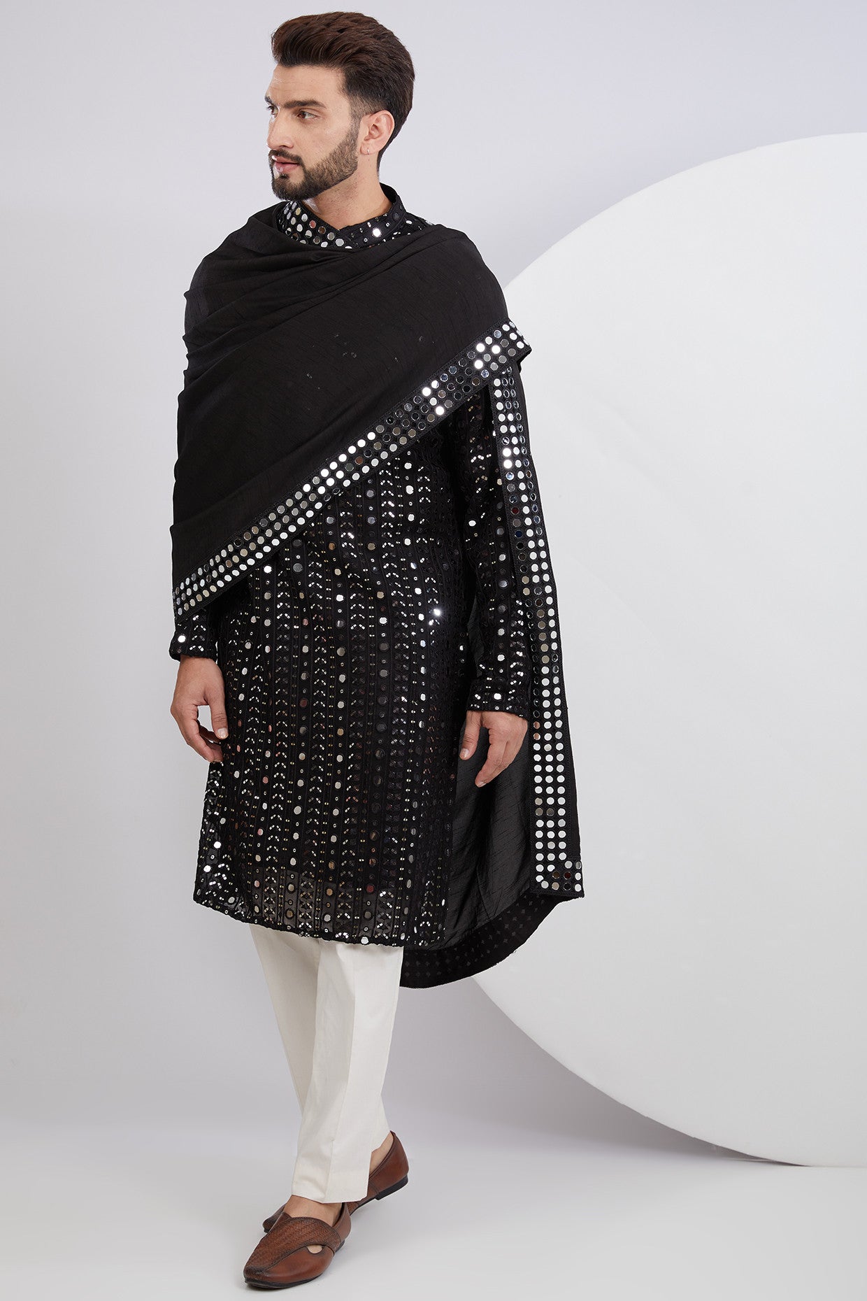 Black Mirrorwork Kurta paired with Mirrorwork Stole - kasbahmen