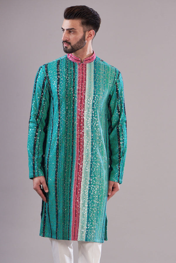 Blue-pink-sequenced kurta - kasbahmen