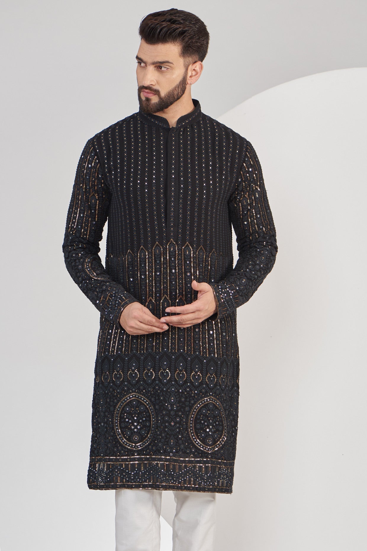 Black Chikankari Kurta with intricate border embroidery - kasbahmen