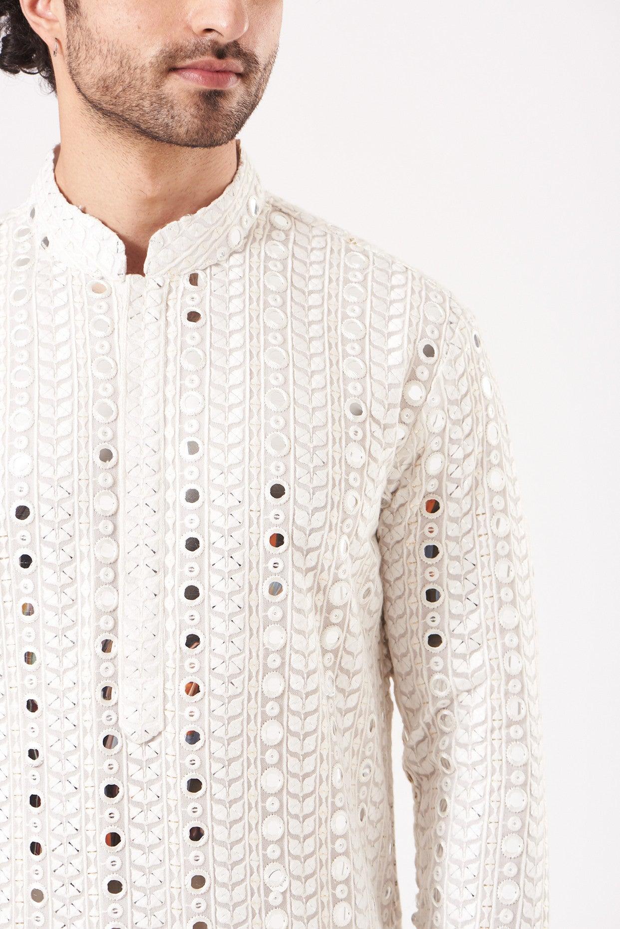 White Mirror Embroidered Kurta - kasbahmen