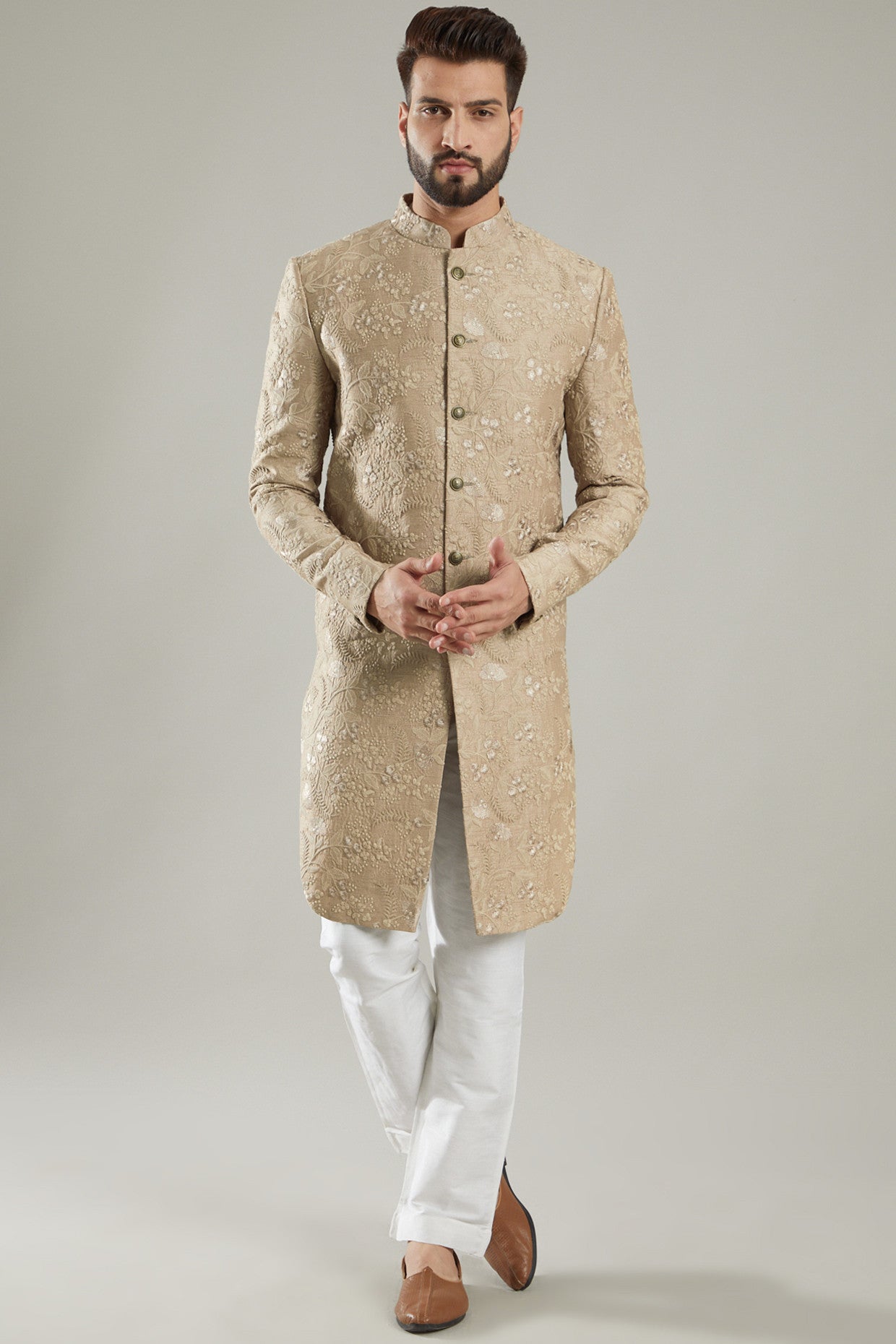 Brown Floral Embroidered Indo Western Jacket - kasbahmen