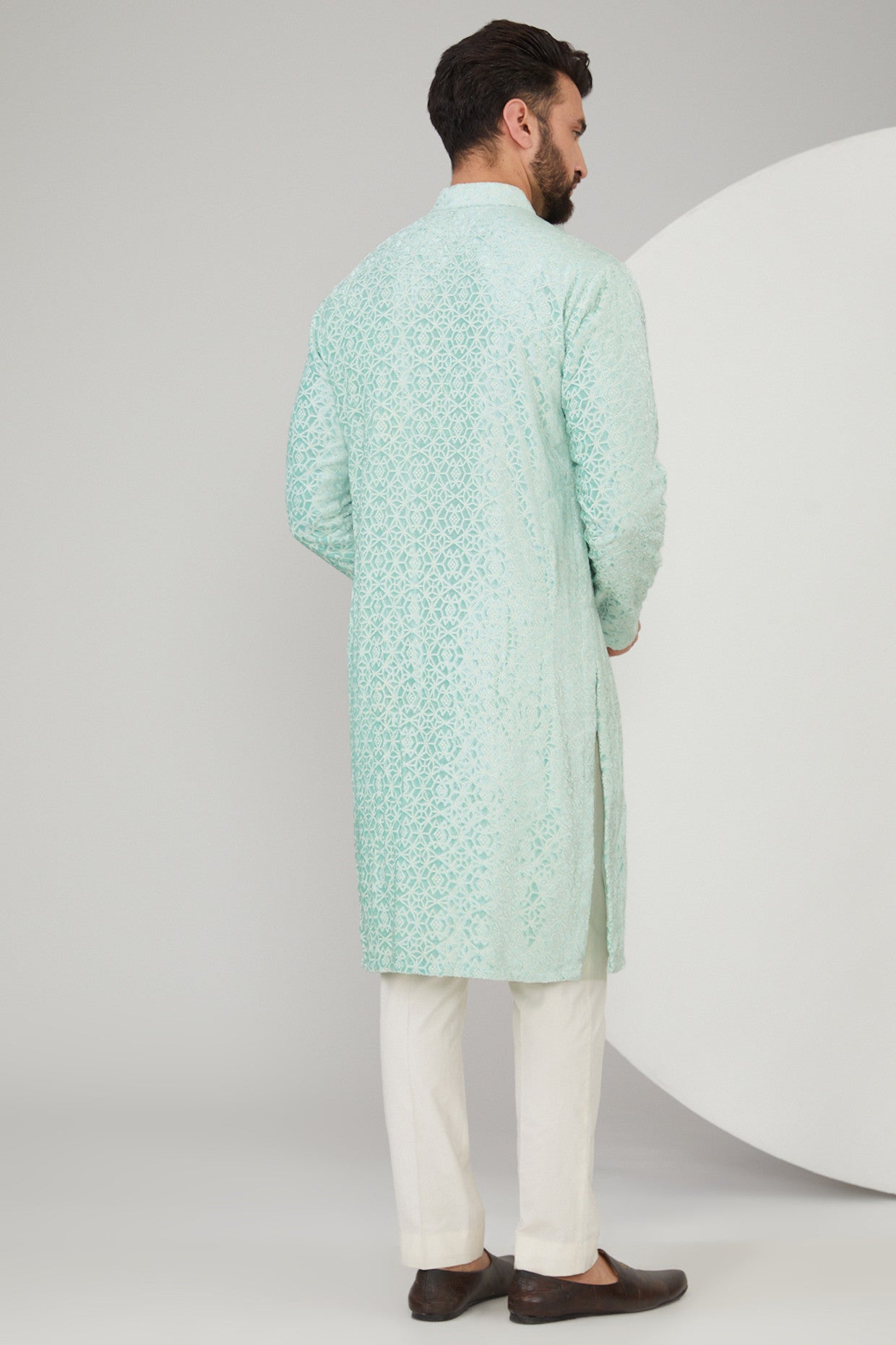 Ice Blue Velvet Geometric Embroidered Kurta - kasbahmen