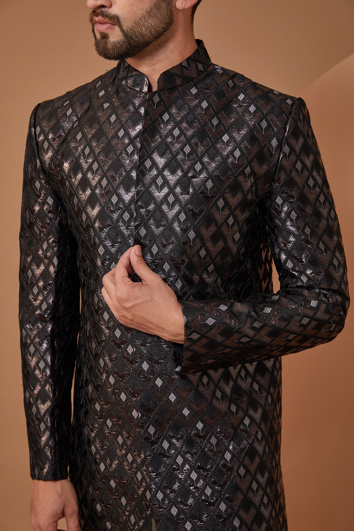 Bold and Refined Black Leather-cut Indowestern - kasbahmen