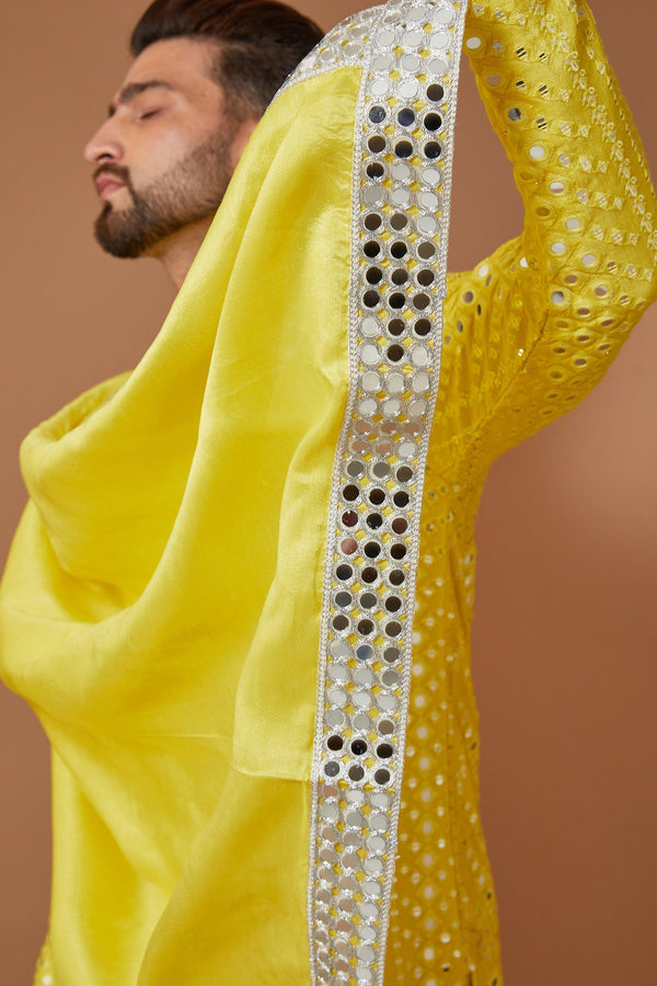 Bright Yellow Signature Mirrorwork Kurta with Stole - kasbahmen