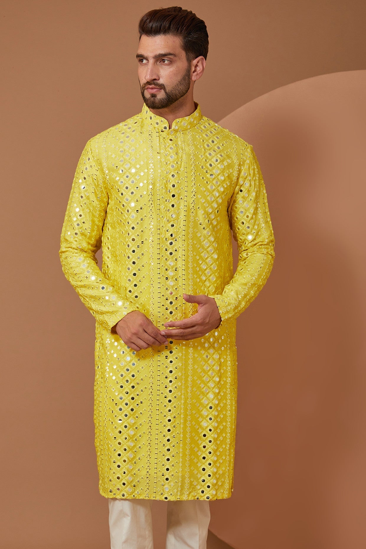 Bright Yellow Signature Mirrorwork Kurta - kasbahmen