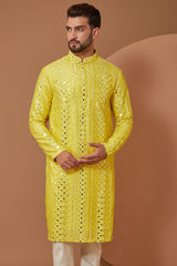 Bright Yellow Signature Mirrorwork Kurta - kasbahmen