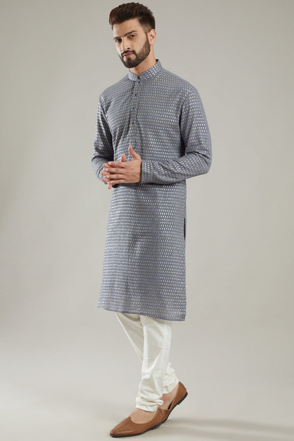 Grey Chanderi Embroidered Kurta - kasbahmen