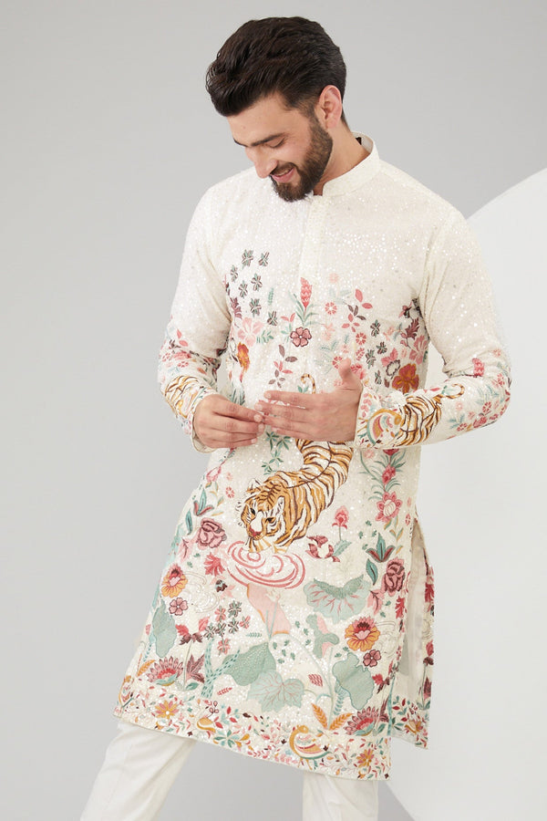 White Georgette Floral Embroidered Kurta