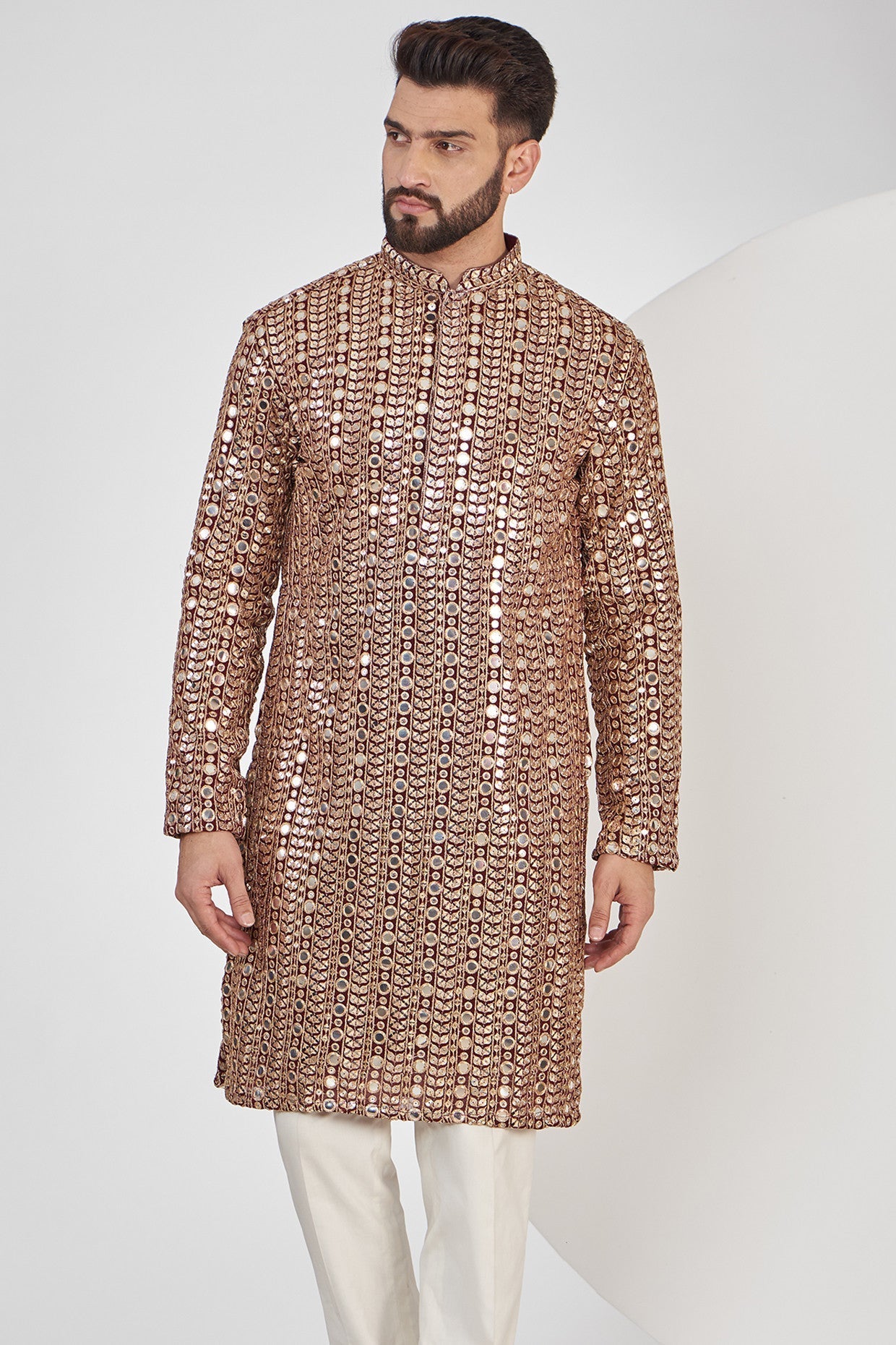 Maroon Mirrorwork kurta with Golden Zari work - kasbahmen