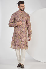 Purple and yellow embroidered kurta on print - kasbahmen