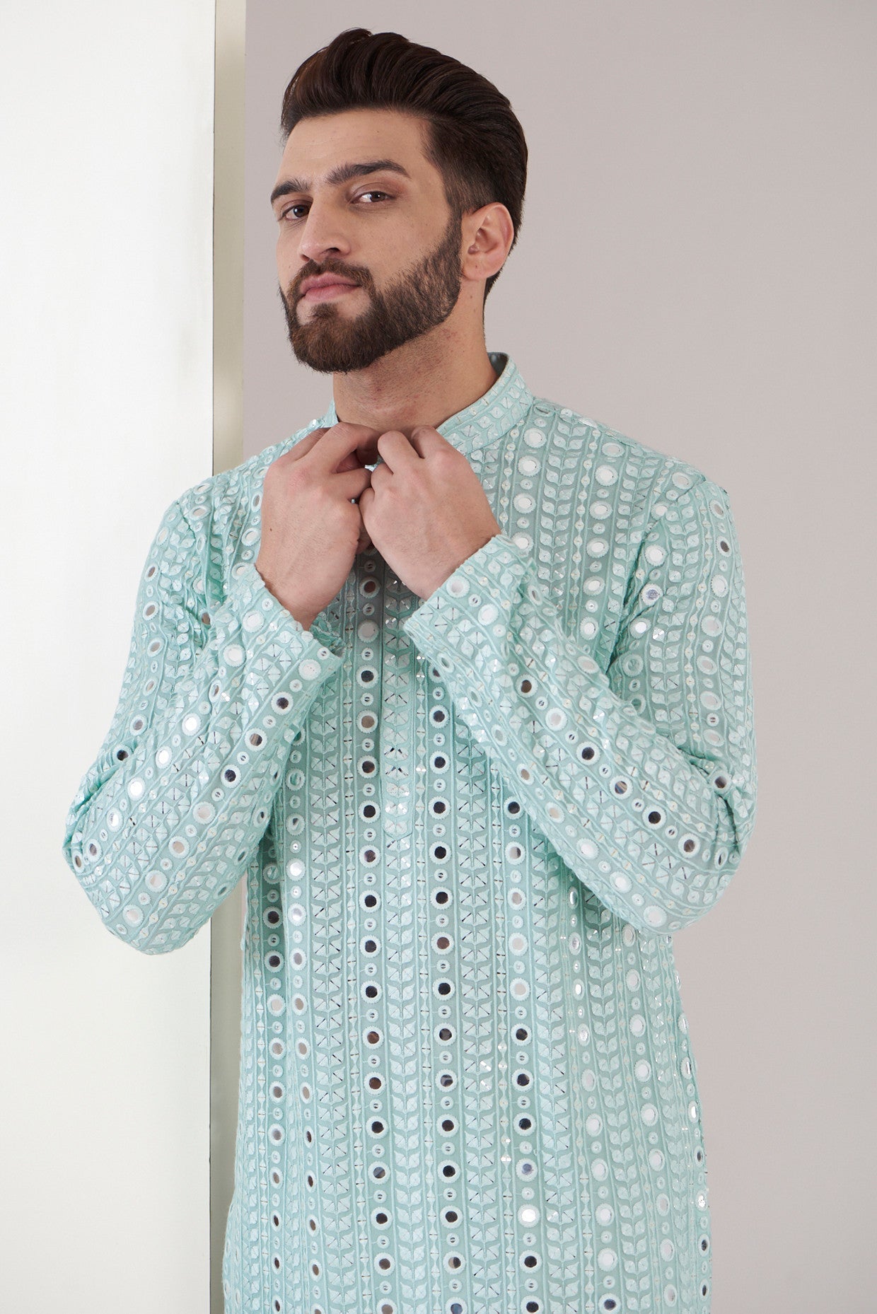 Ice Blue Mirror work Kurta - kasbahmen