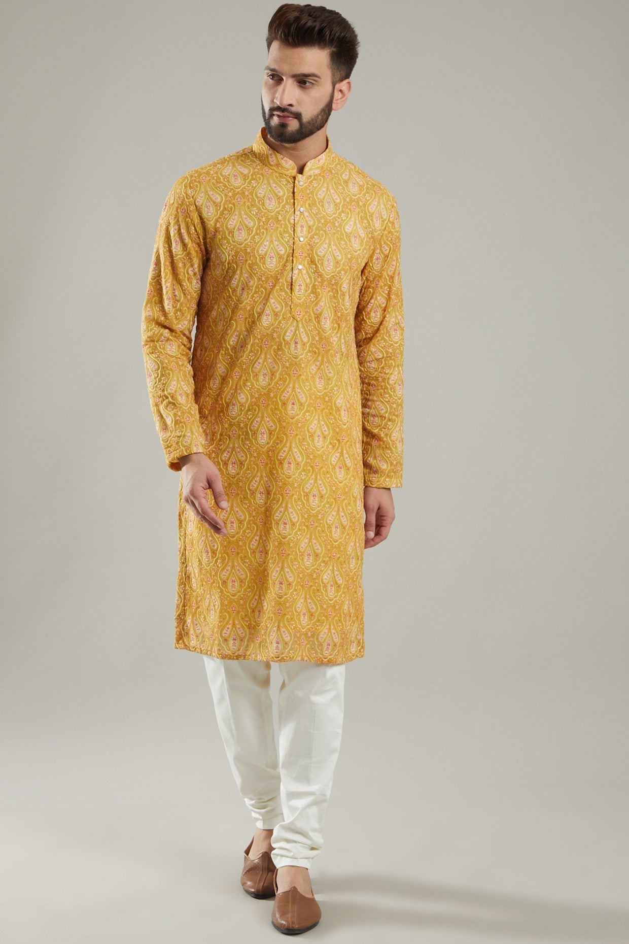 Mustard Georgette Embroidered Kurta - kasbahmen