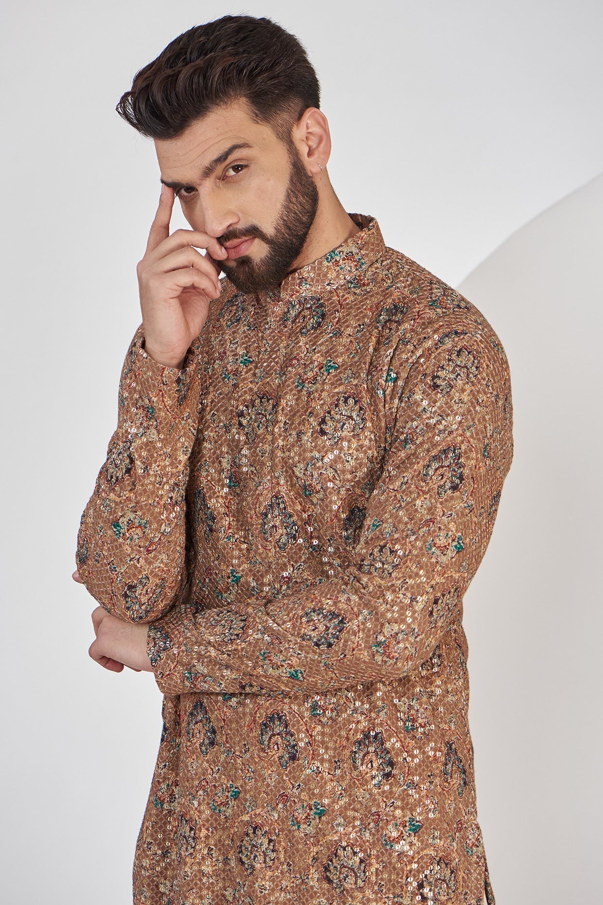 Tan Brown Floral Embroidered Kurta on Print - kasbahmen