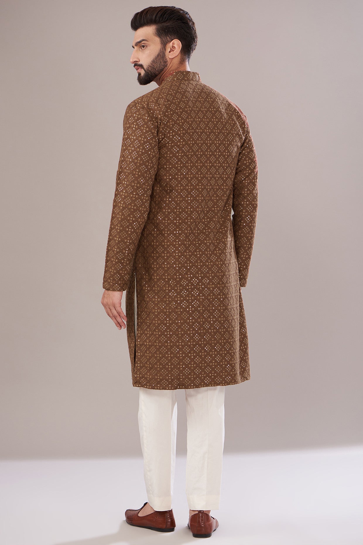 Brown Silk Embroidered Kurta - kasbahmen