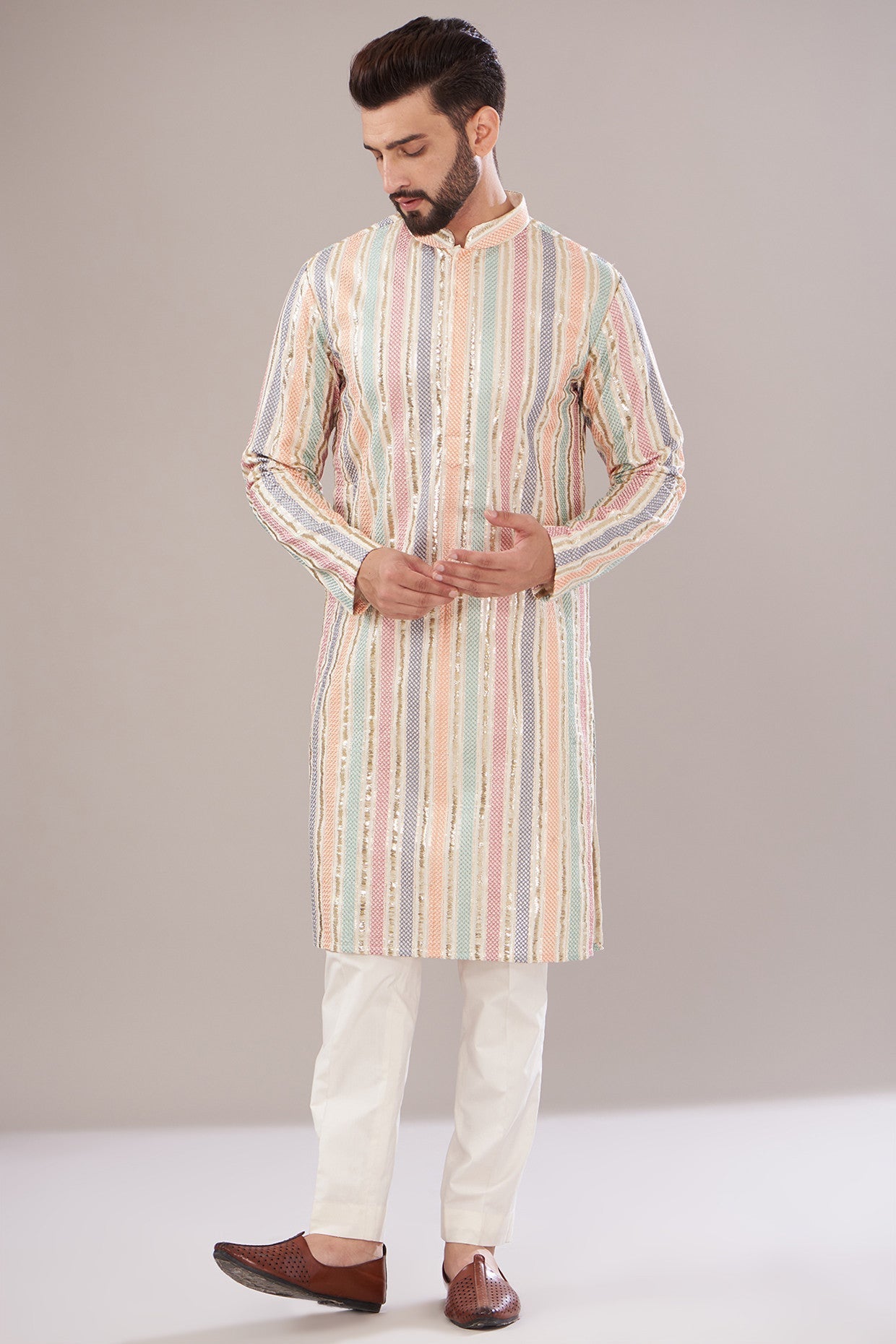 Multi-Colored Cotton Chanderi Embroidered Kurta - kasbahmen