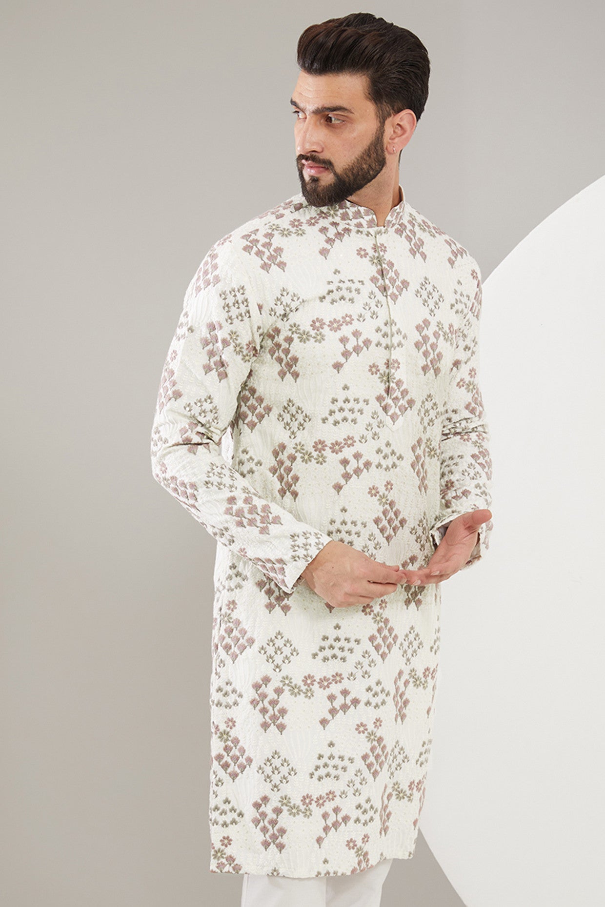 Lilac and white floral embroidered kurta - kasbahmen