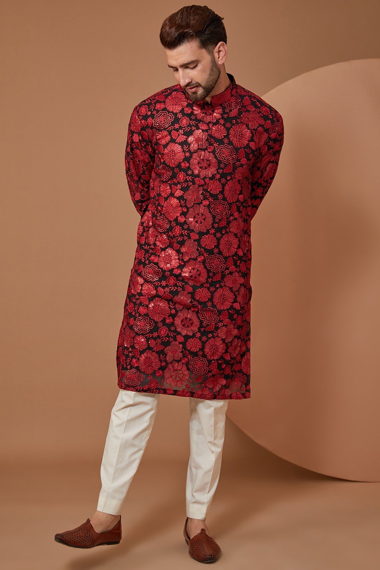 Red and Black Floral Embroidered Kurta - kasbahmen