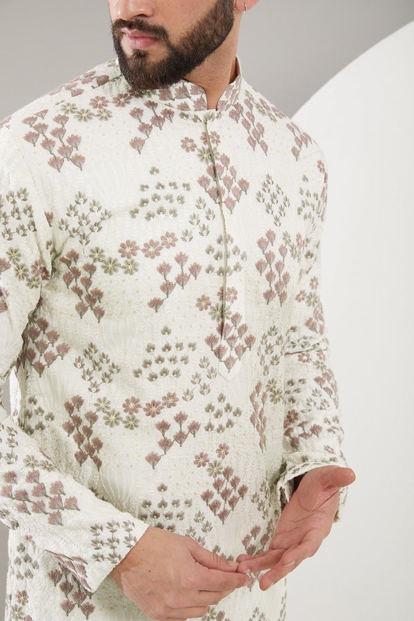 Lilac and white floral embroidered kurta