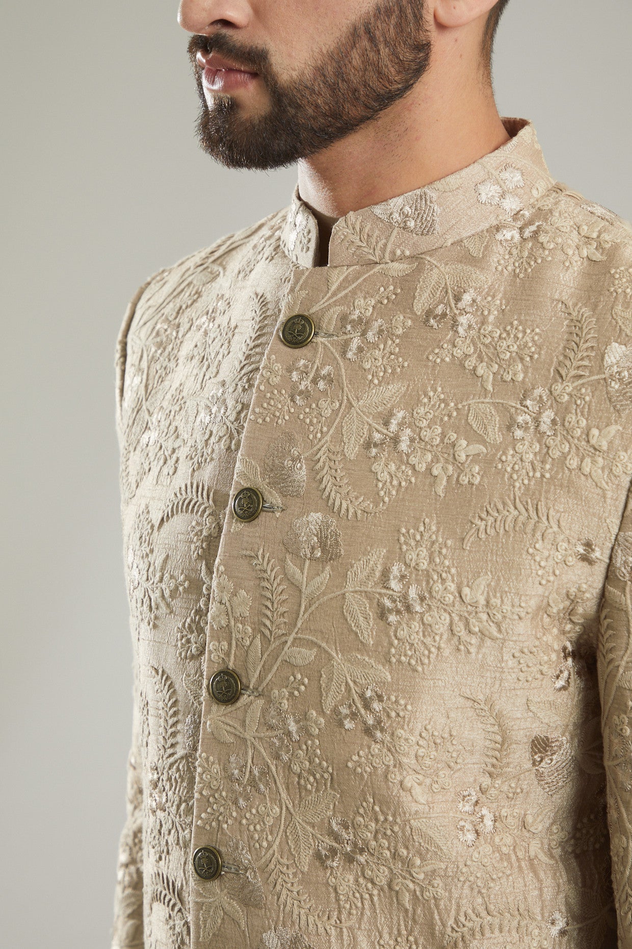 Brown Floral Embroidered Indo Western Jacket - kasbahmen