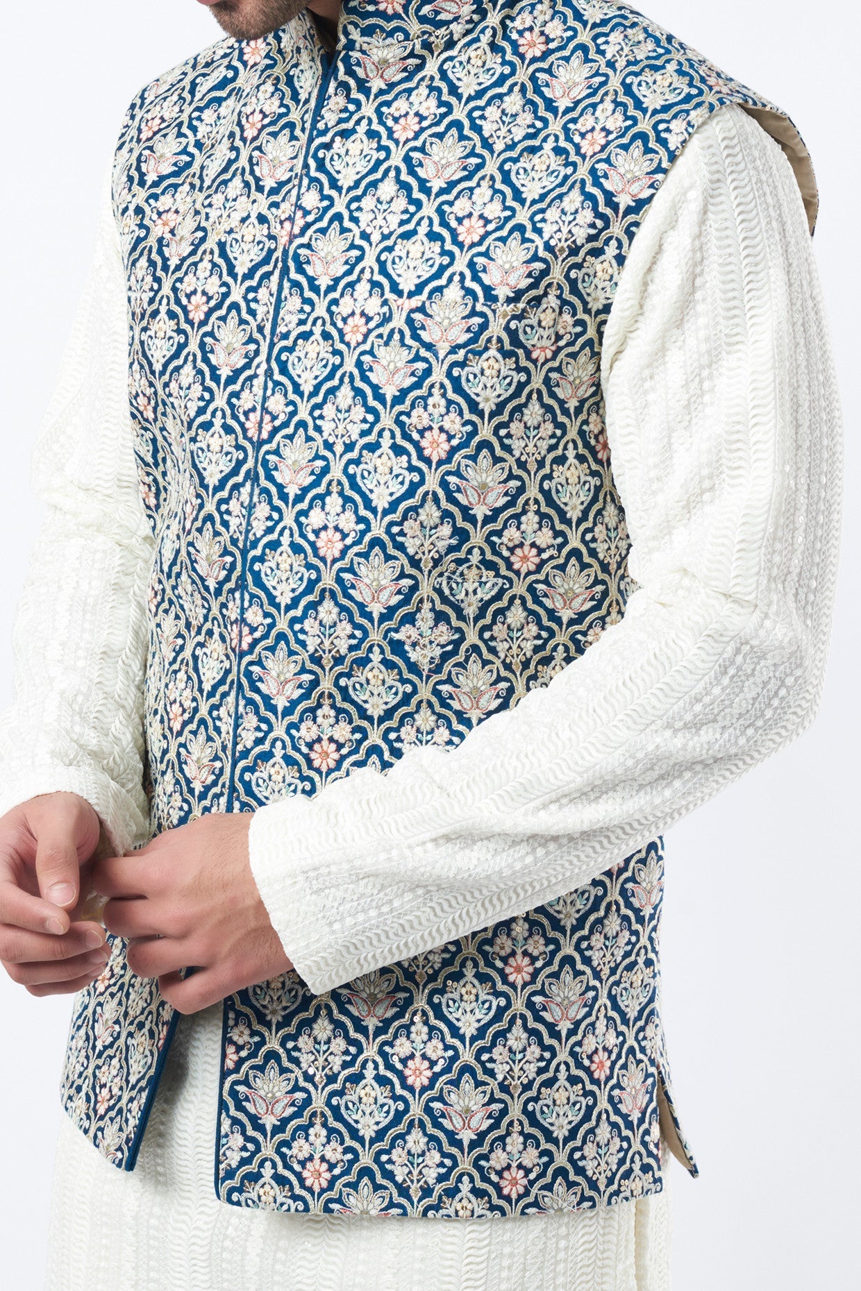 Cobalt Blue Embroidered Bundi Jacket - kasbahmen