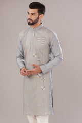 Matte Blue Slub Silk Embroidered Kurta - kasbahmen