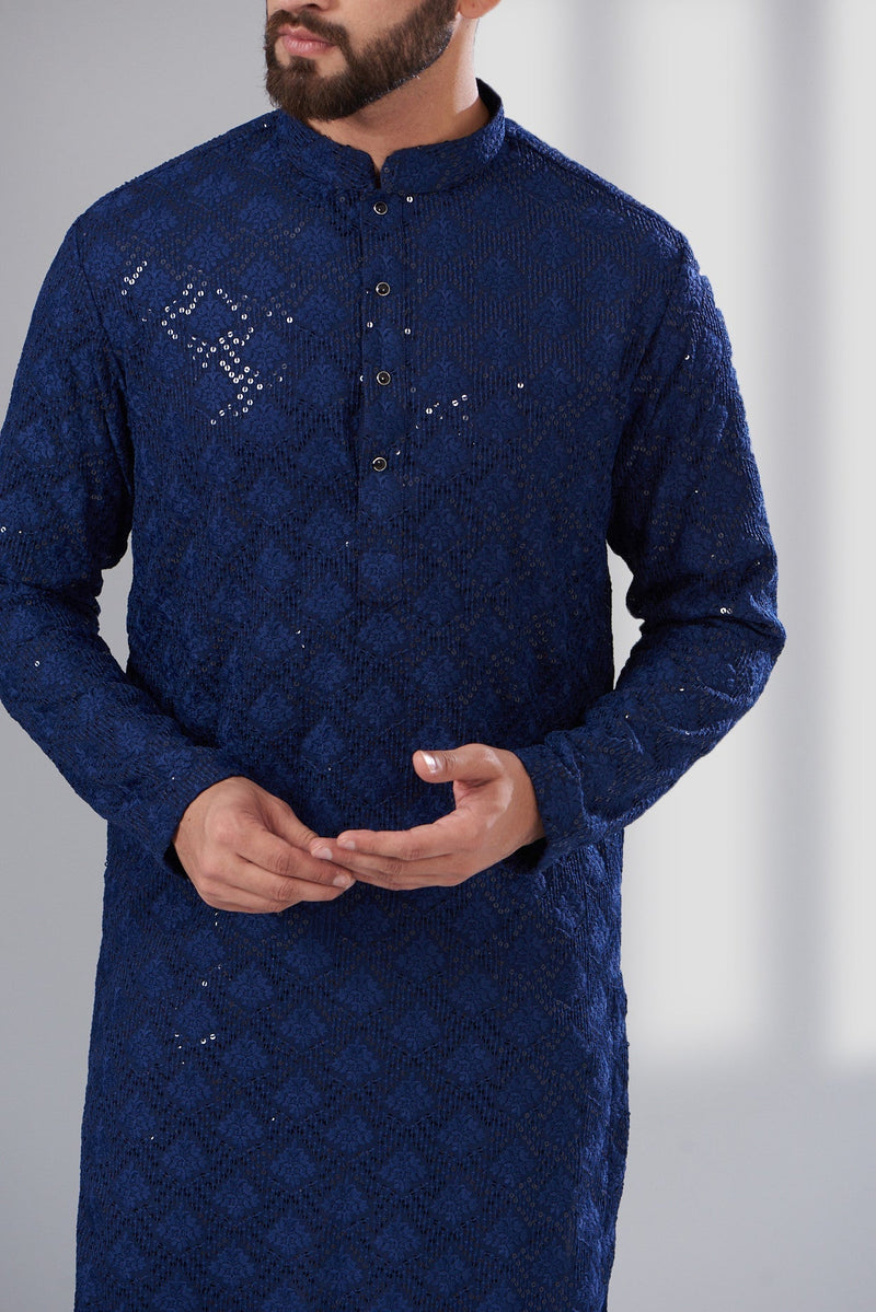 Navy Blue Chikankari Kurta - kasbahmen