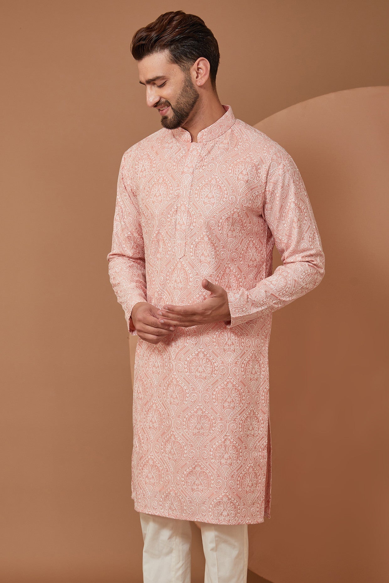 Peach Embroidered Kurta with White threadwork - kasbahmen