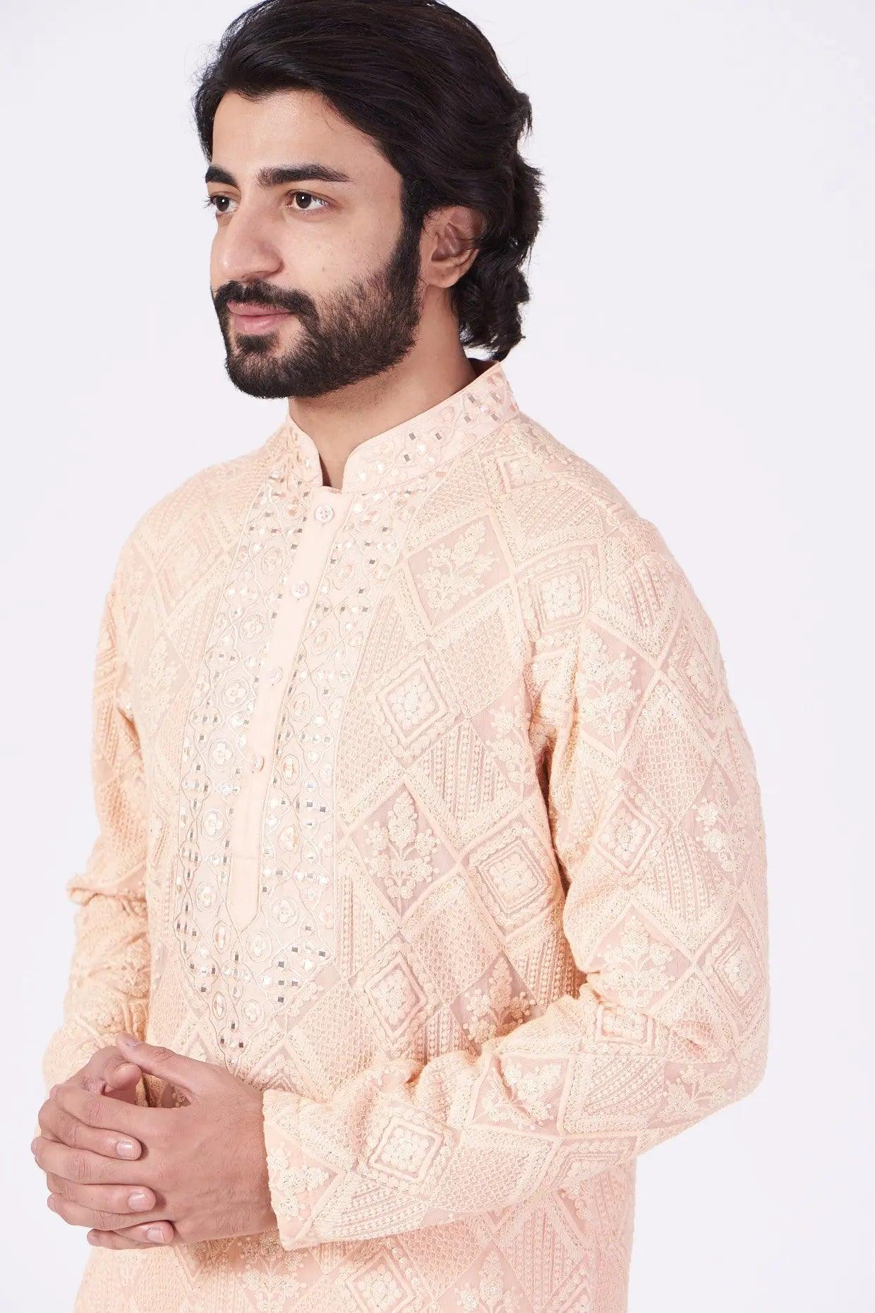 Peach Hand Embroidered Kurta - kasbahmen