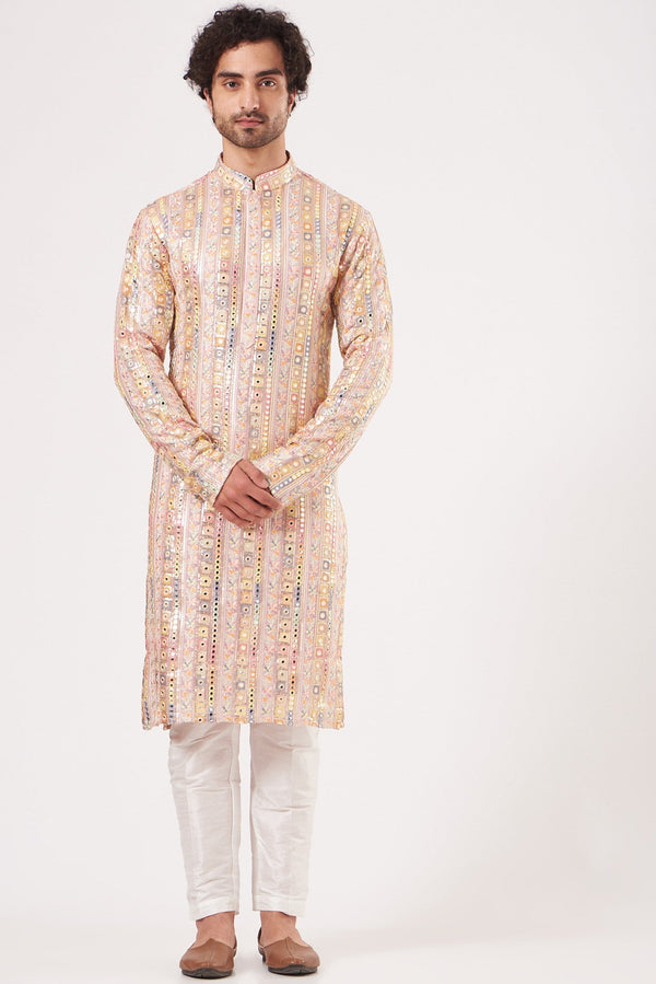 Blush Pink Mirror Embroidered Kurta - kasbahmen